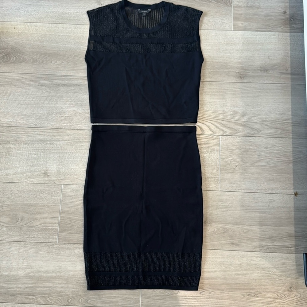 GUESS Black 2 Piece Crop Top & Bodycon Skirt Set Sheer Knit L NEW